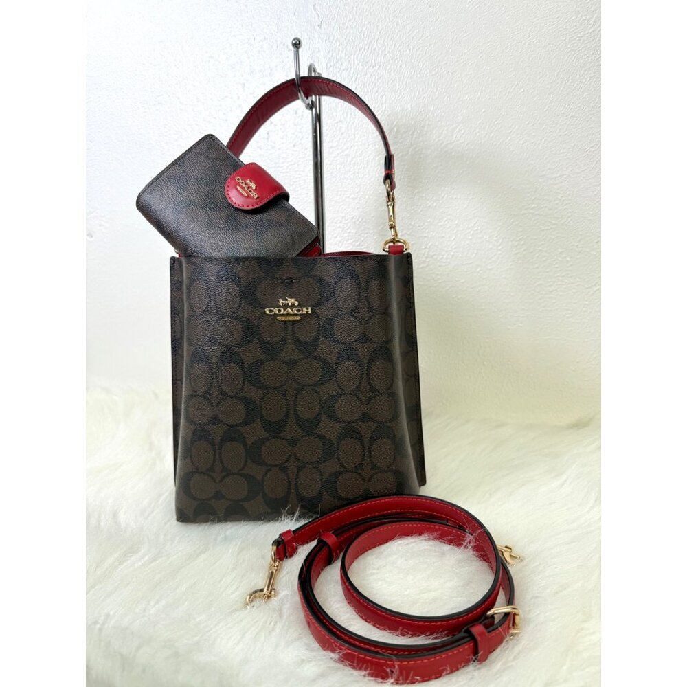 Coach Town Bucket Bag Red Brown Monogram Coated Canva Leather WT Matching Wallet